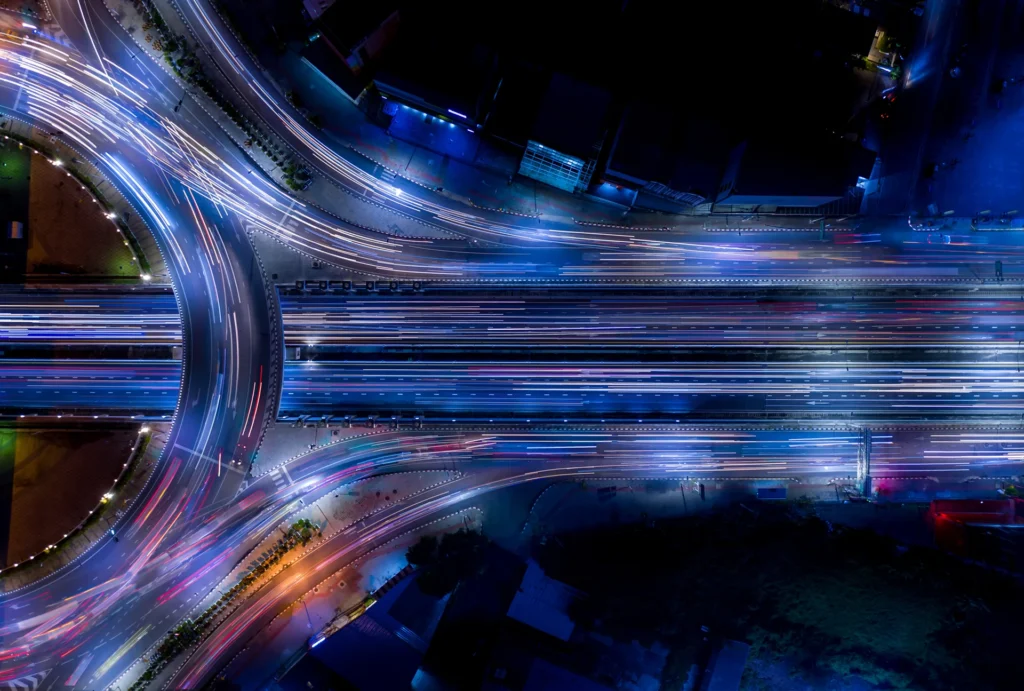 Aerial view of high speed highway digital traffic