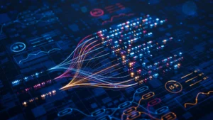 Glowing data streams and flowing lines on a dark digital circuit background