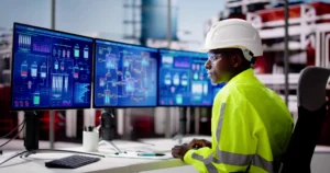 Industrial worker monitoring plant systems on control room screens