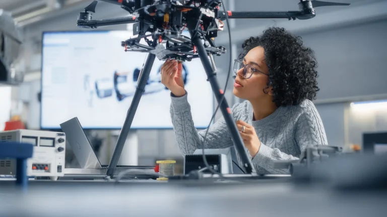 Engineer assembling large drone prototype