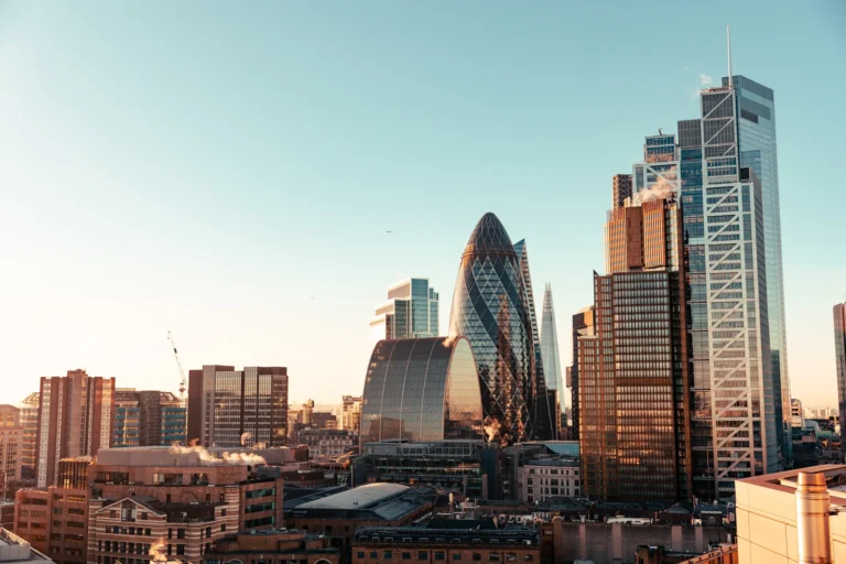 London financial district skyline at sunset