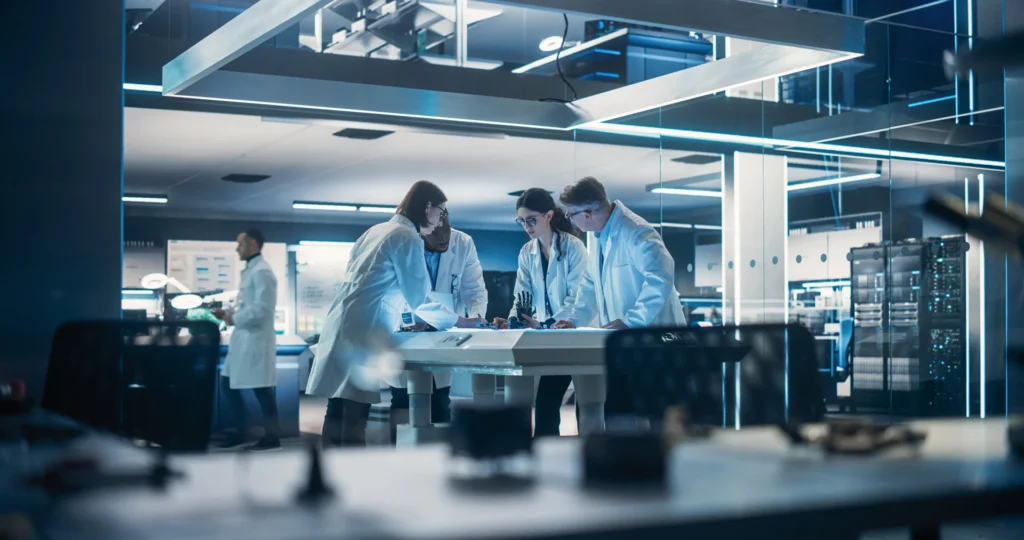 Scientists designing robotics in futuristic labora