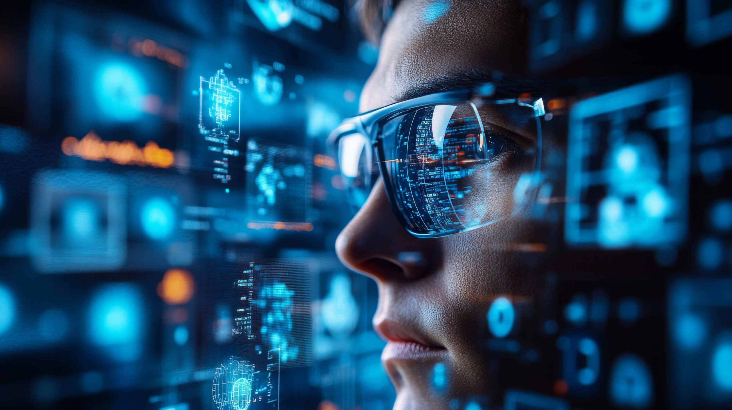 Person wearing glasses reflecting AI data.