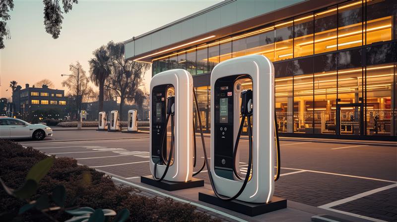EV chargers outside office building at dusk
