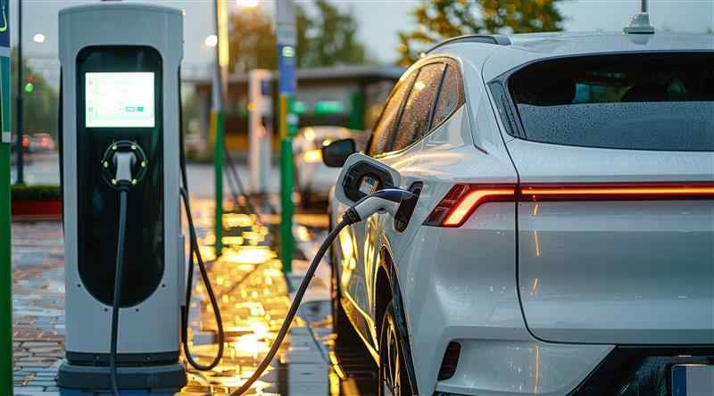 An electric car parked at a charging station, connected to a charger.