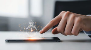 Finger pointing at a glowing stopwatch icon floating above a smartphone