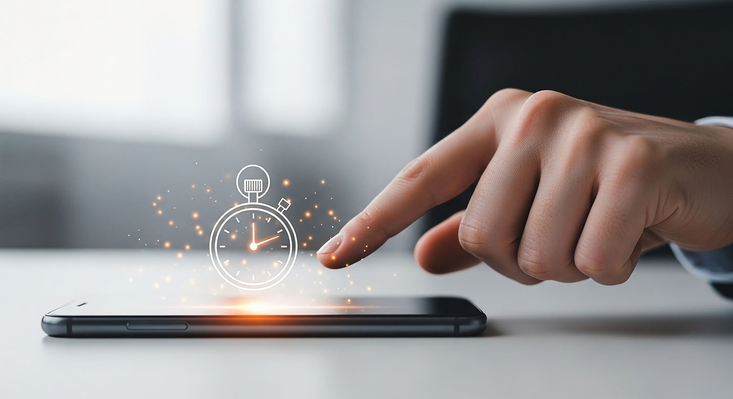 Hand pointing at a glowing stopwatch icon hovering above a smartphone