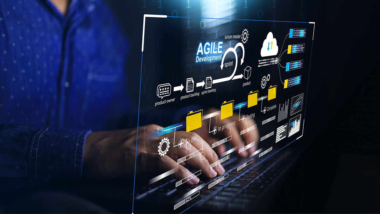 Person typing on a keyboard with a glowing agile development workflow interface overlay