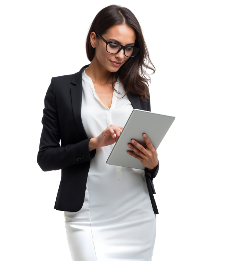 Female professional managing AI quality assurance and compliance testing services on tablet