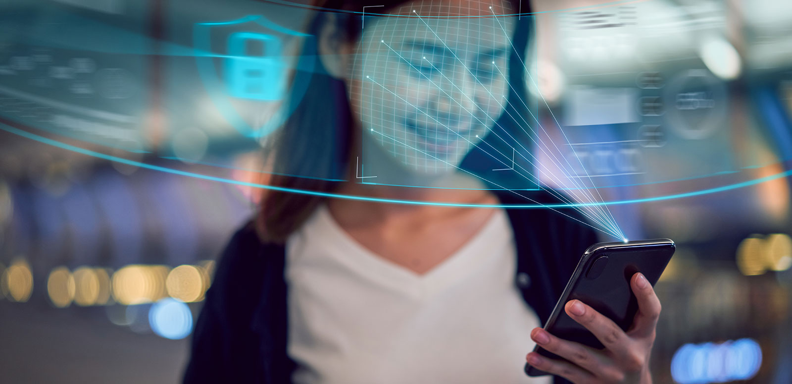 Woman using smartphone with digital overlay representing mobile accessibility and UX usability testing