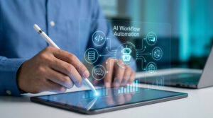 Professional using tablet with AI workflow automation icons representing AI-based intelligent test automation solutions
