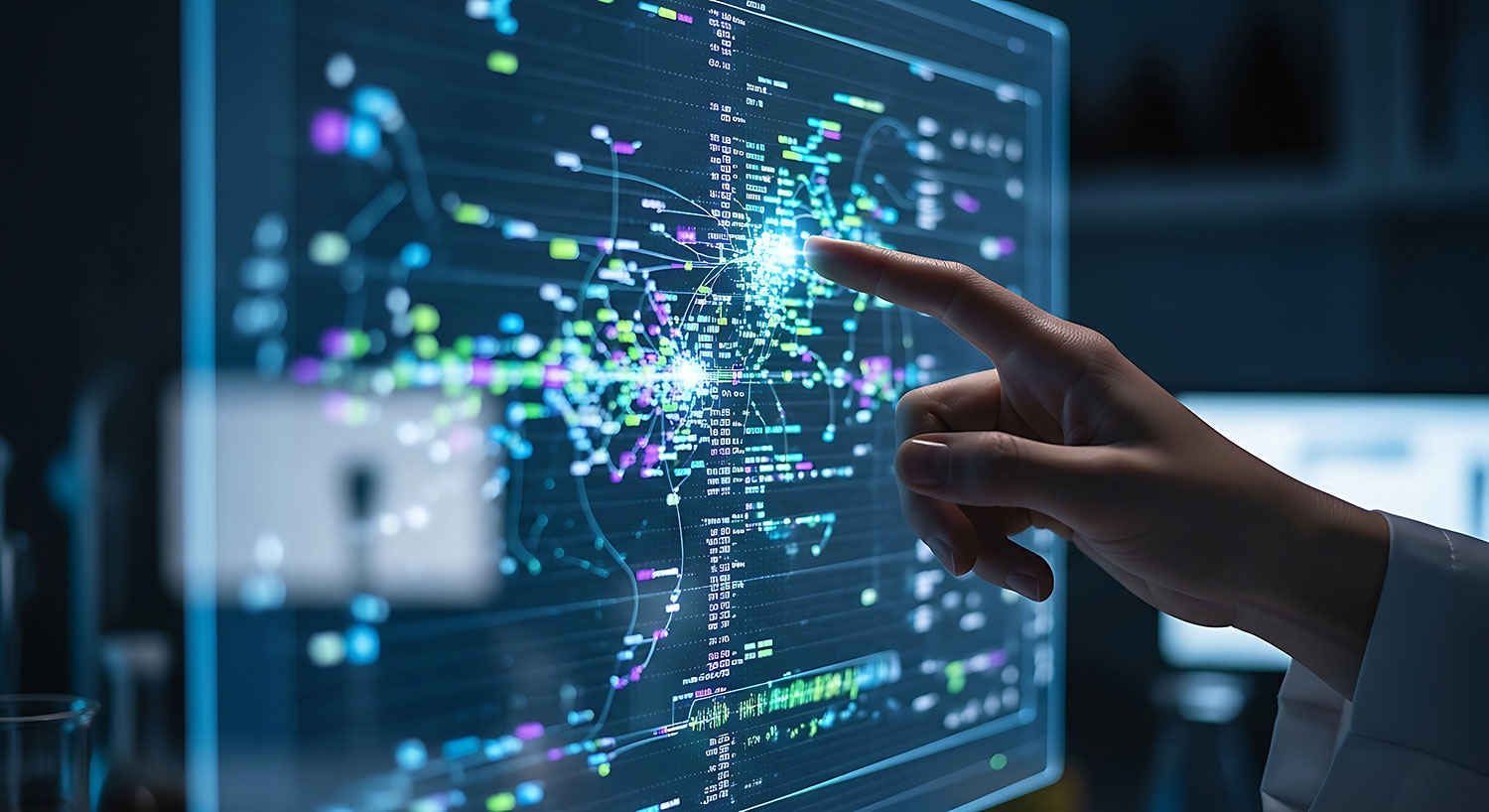 Hand interacting with digital data network representing static application security testing services