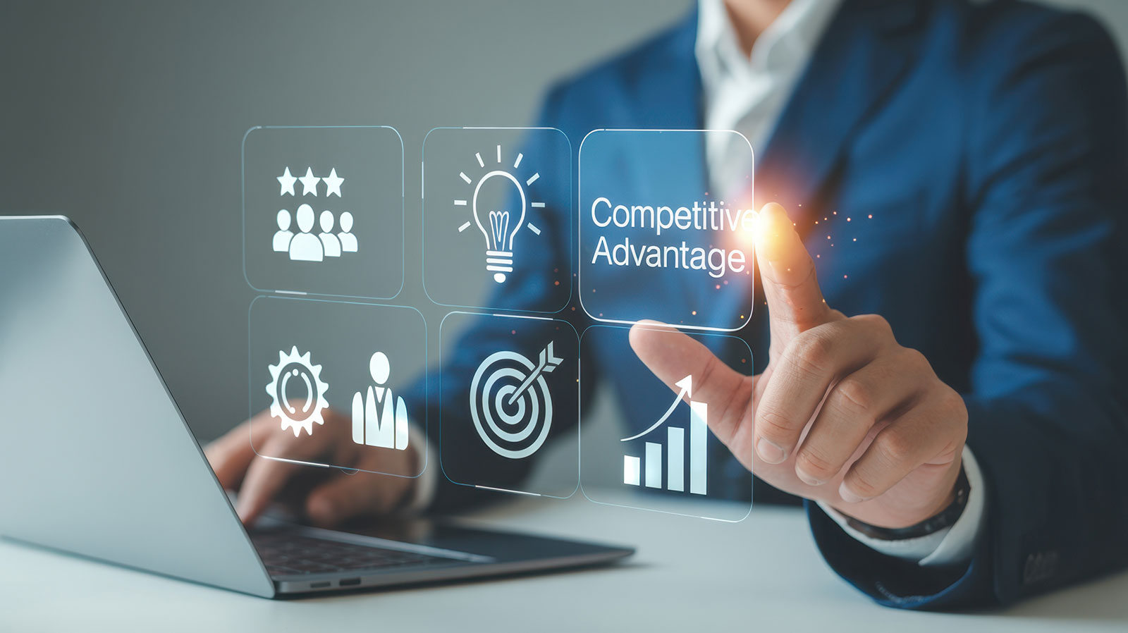 Business professional pointing to competitive advantage icons representing digital experience assurance