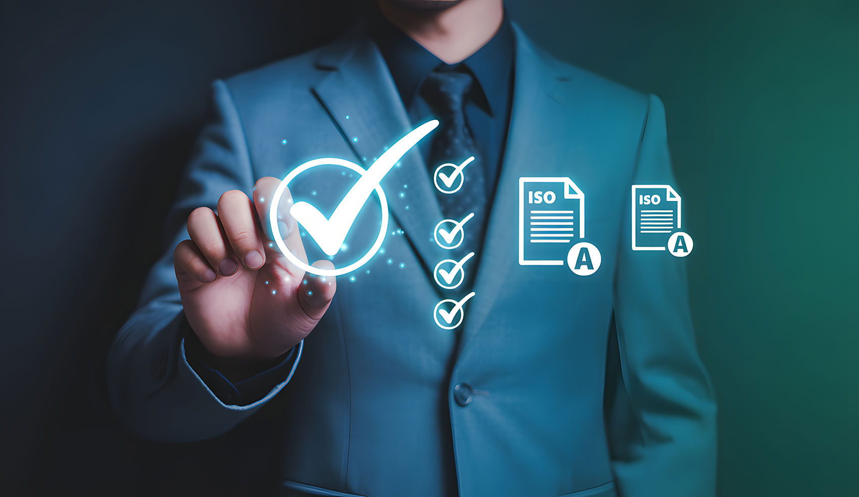 Business professional pointing at a glowing checkmark with ISO document icons
