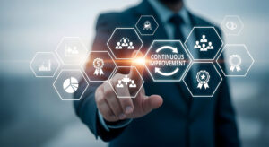 Person pointing at a glowing continuous improvement hexagonal icon network