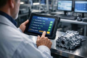 Man-checking-business-process-assurance-on-tablet