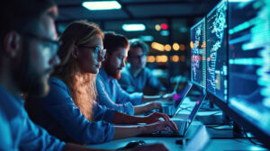 Security team monitoring cyber security and AppSec testing on screens