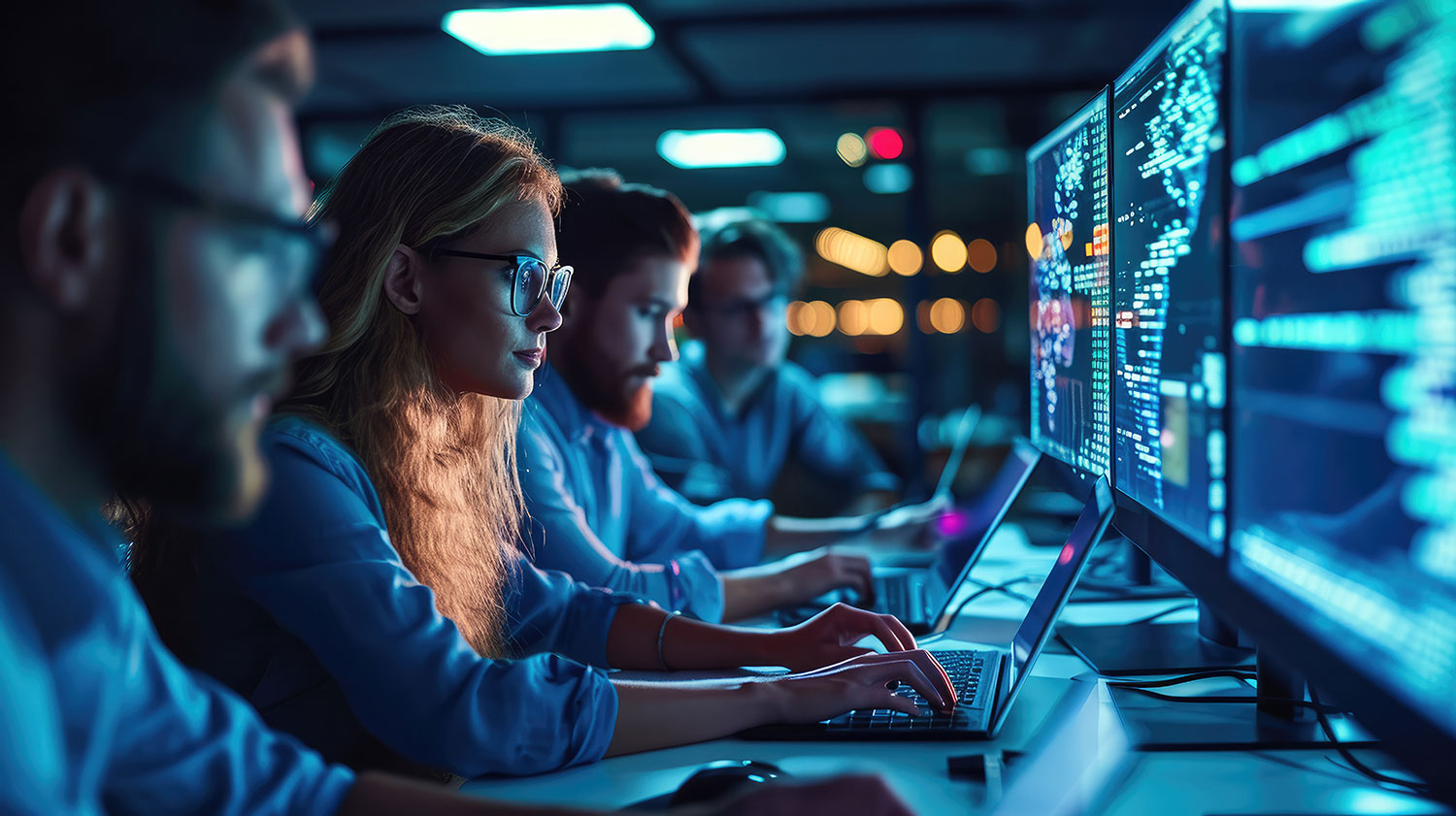 Security team monitoring cyber security and AppSec testing on screens