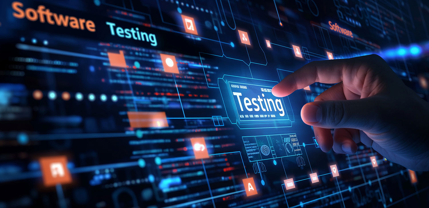 Hand pointing to software testing interface representing cyber security and AppSec testing