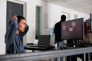 Stressed developer reacting to critical error on screen during ERP system testing