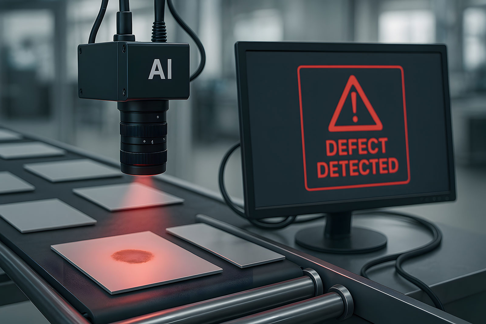 AI camera detecting a defect on a production line with a warning screen