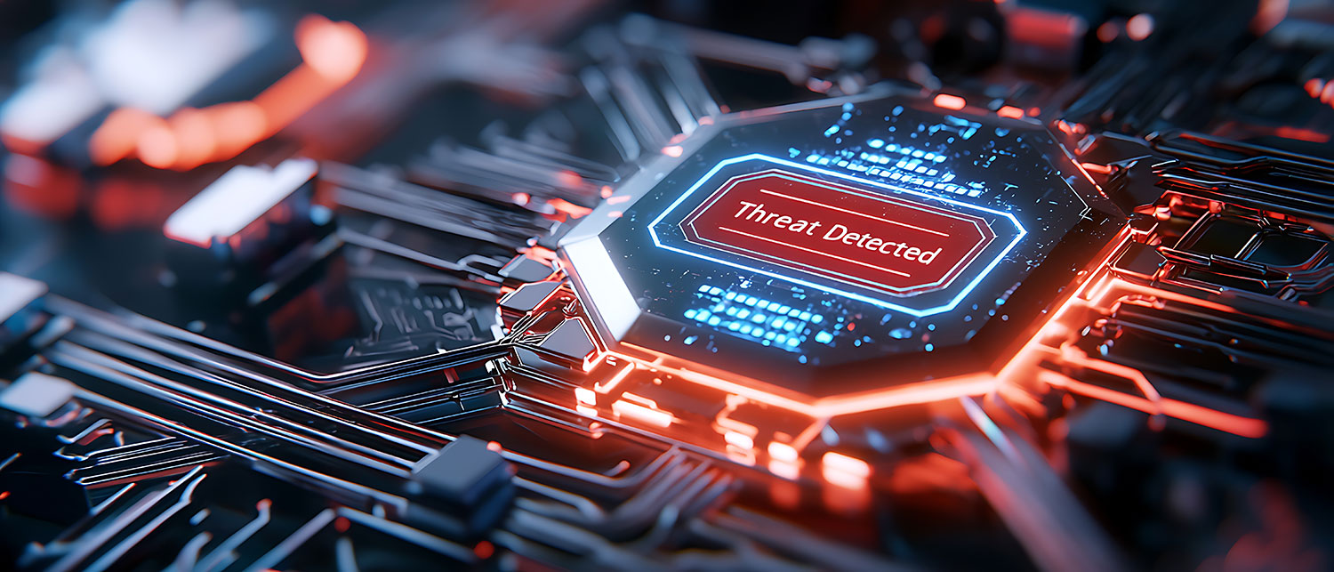 Circuit board with threat detected alert representing application security and vulnerability testing