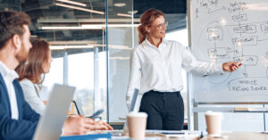 Woman presenting a whiteboard diagram to colleagues in a modern meeting room