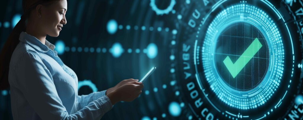 Professional validating digital assurance and software QA testing approval on smart interface