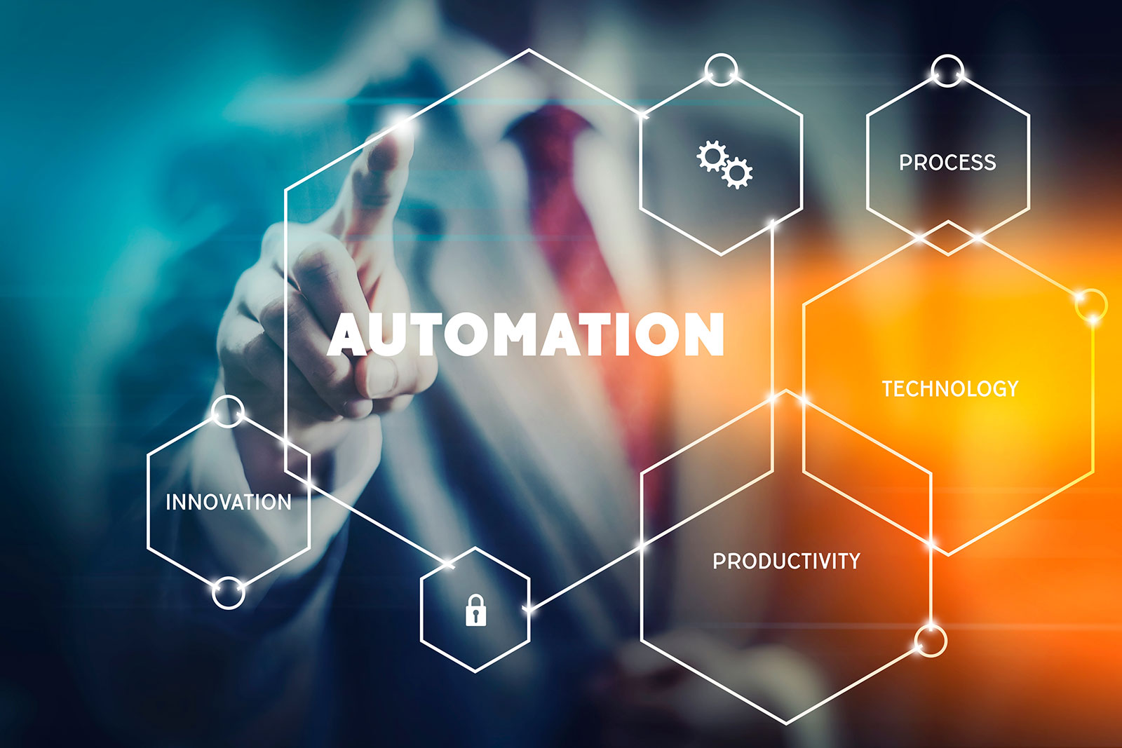 Businessman pointing at automation hexagon icons showing process technology and productivity