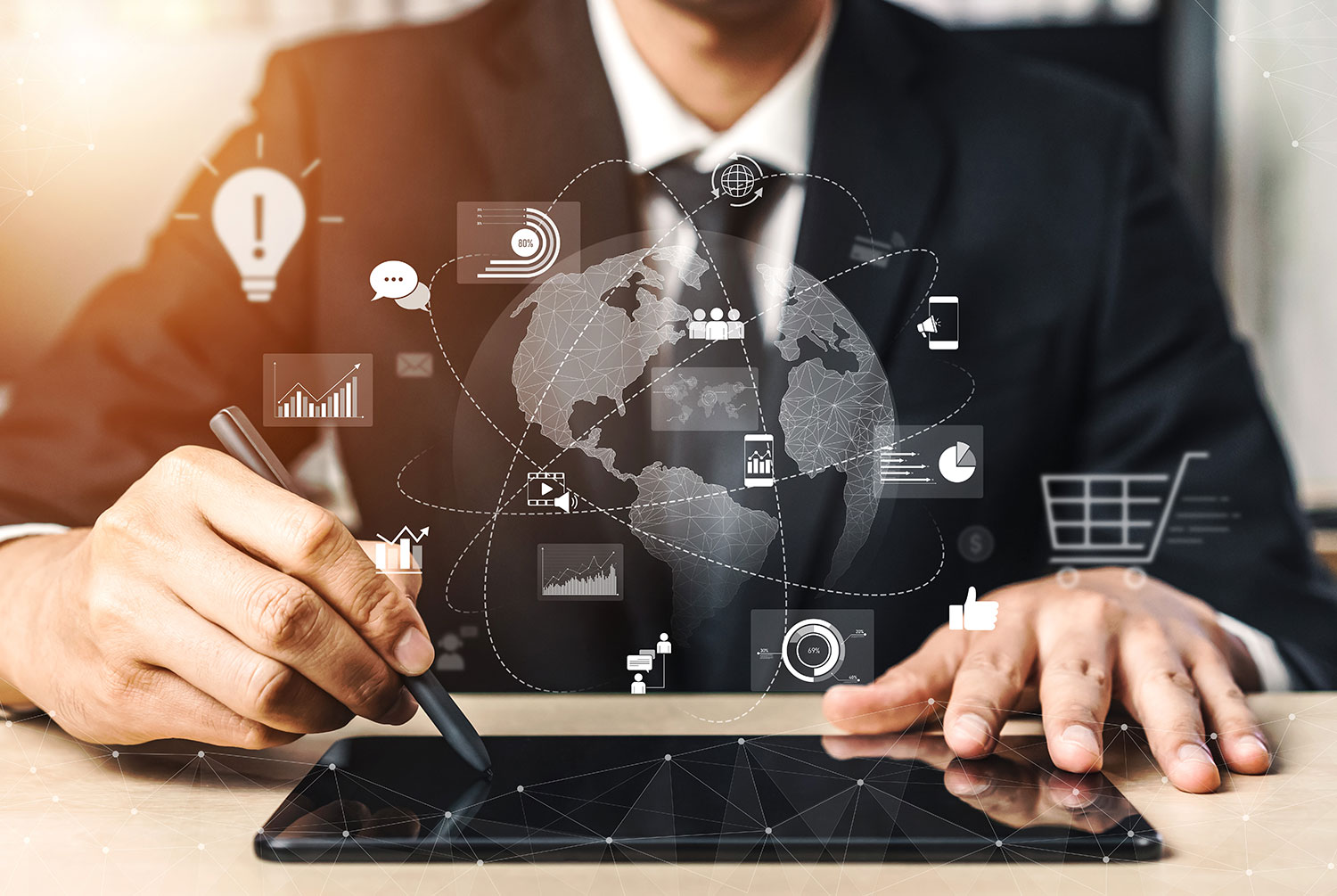 Professional with digital globe icons representing web accessibility testing