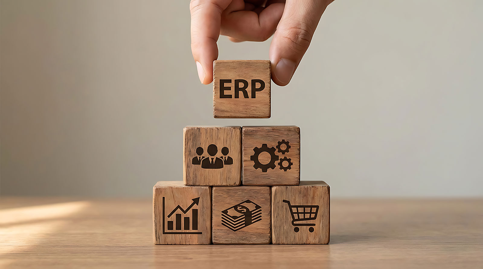 Hand placing ERP wooden block on top of stacked blocks with business icons