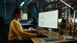 Designer reviewing mobile UI wireframes on desktop monitor in office