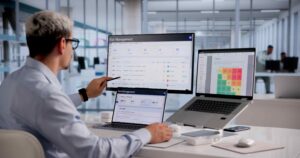 Person pointing at data dashboard on office monitor