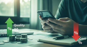 Person using a smartphone with arrows showing quality rising and cost decreasing