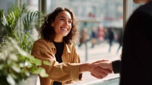 Woman shaking hands representing a reliable web and mobile app testing service partnership