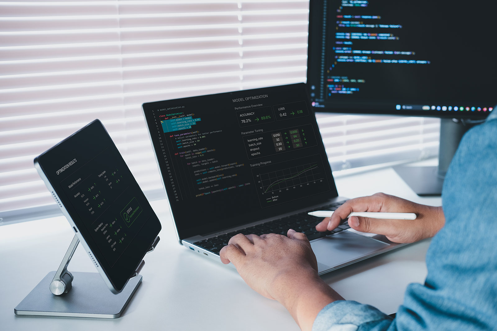 Developer working on multiple screens with code for ERP test automation