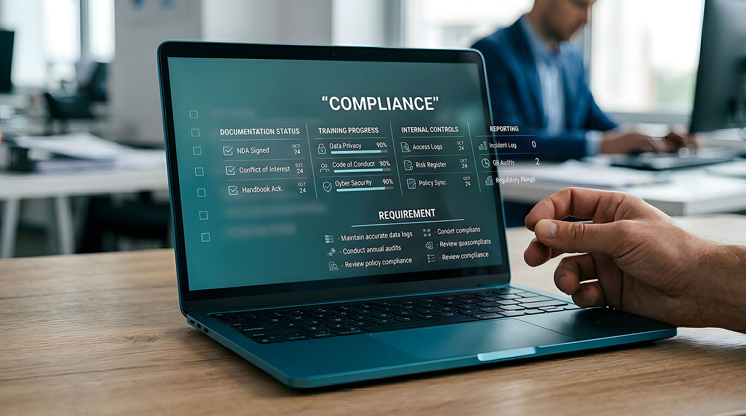 Professional reviewing compliance requirements on laptop representing security compliance testing