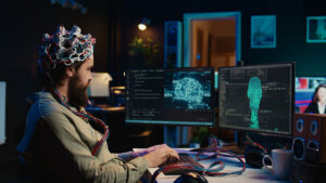Professional analyzing electricity network data and infrastructure visualization