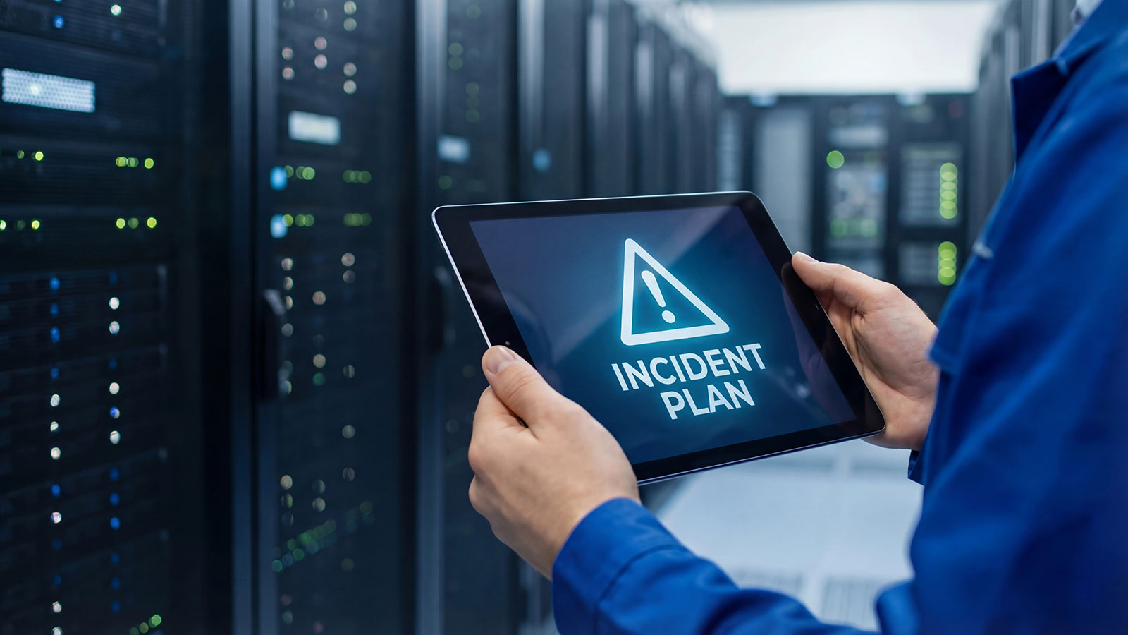 IT professional holding a tablet displaying an Incident Plan alert in a server room