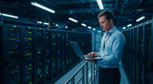 IT engineer managing servers with a laptop in a large data center