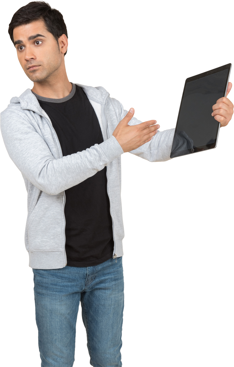 Developer presenting digital assurance and software QA testing solutions on tablet