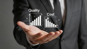 Businessman balancing quality and cost charts representing cost-effective web and mobile app testing