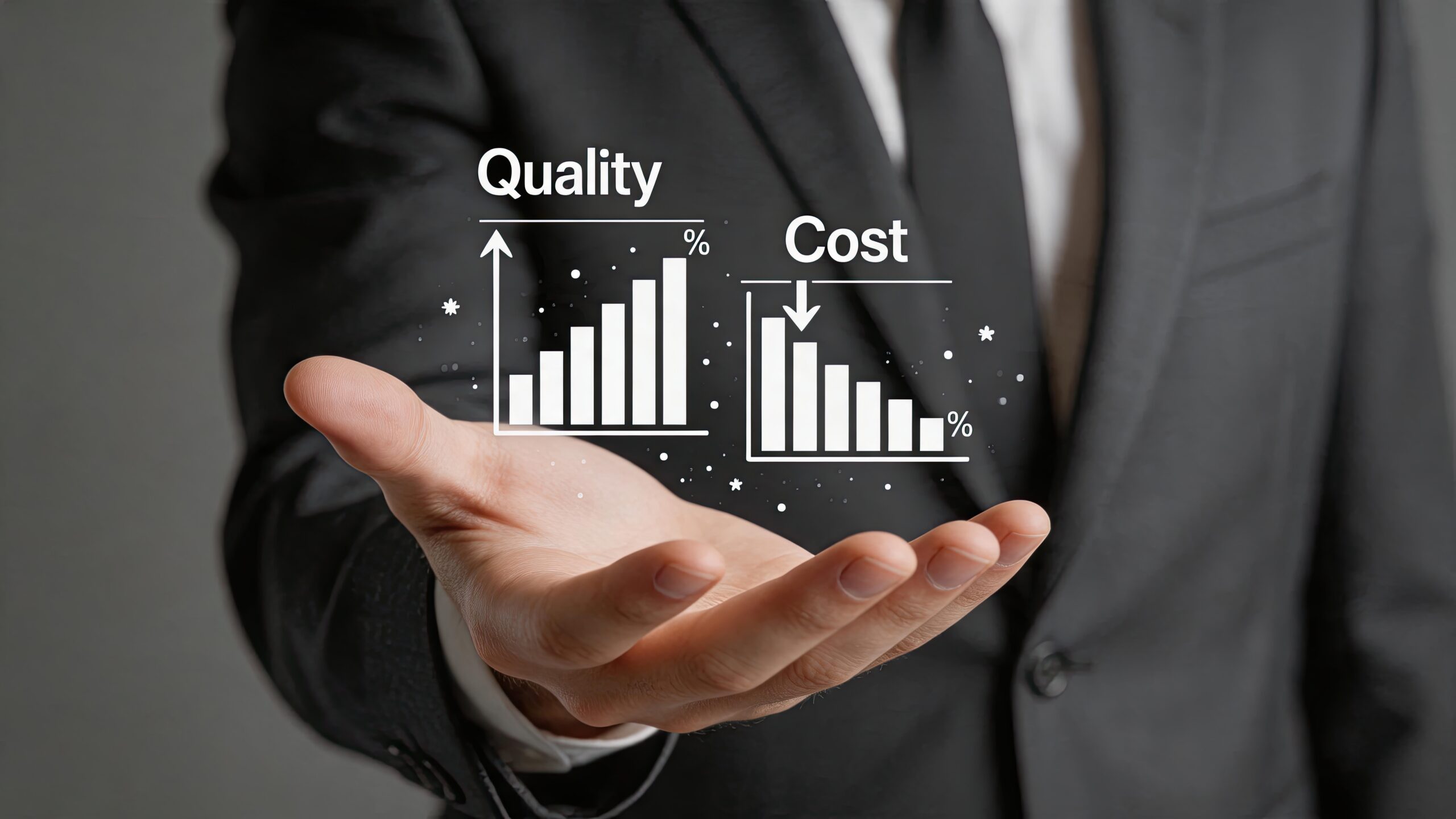 Businessman balancing quality and cost charts representing cost-effective web and mobile app testing