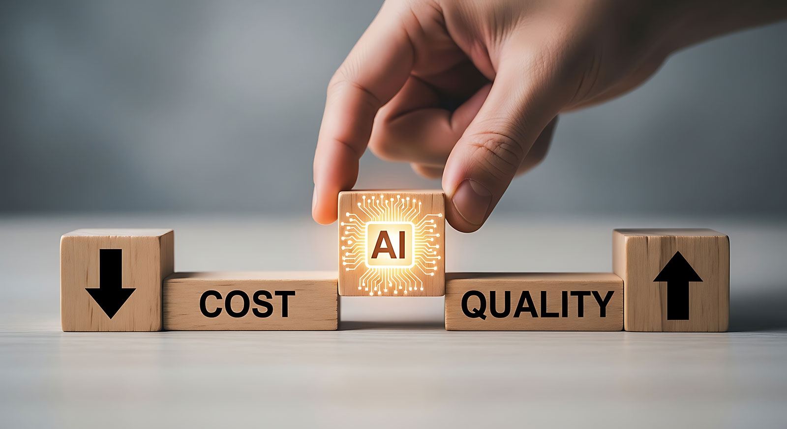Hand placing AI block between cost down and quality up wooden blocks