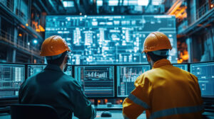 Two engineers in hard hats monitoring industrial systems on multiple screens