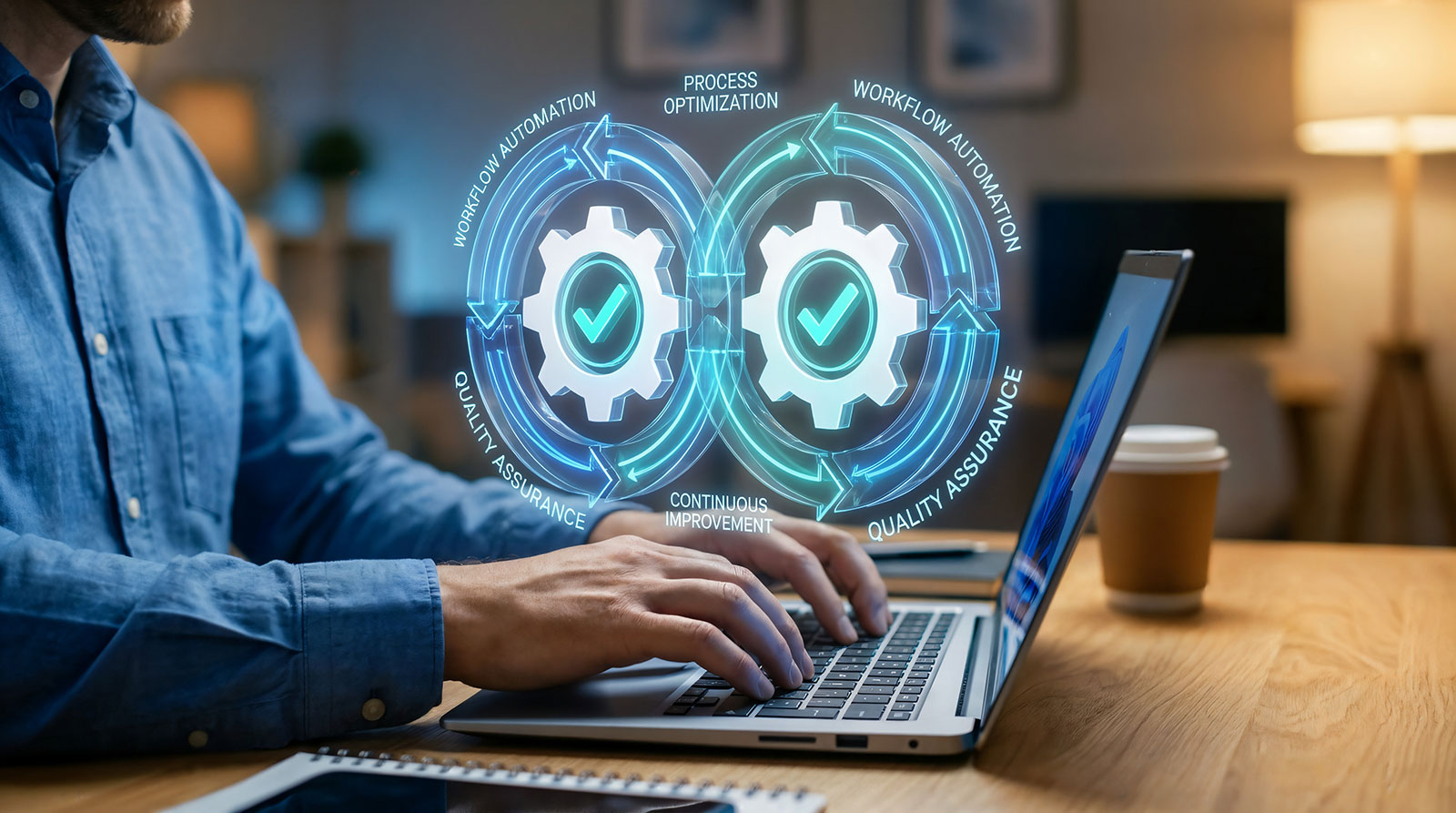 Developer with gear icons representing web accessibility audit and compliance