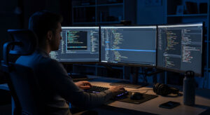 Developer coding on triple monitor setup in dark room