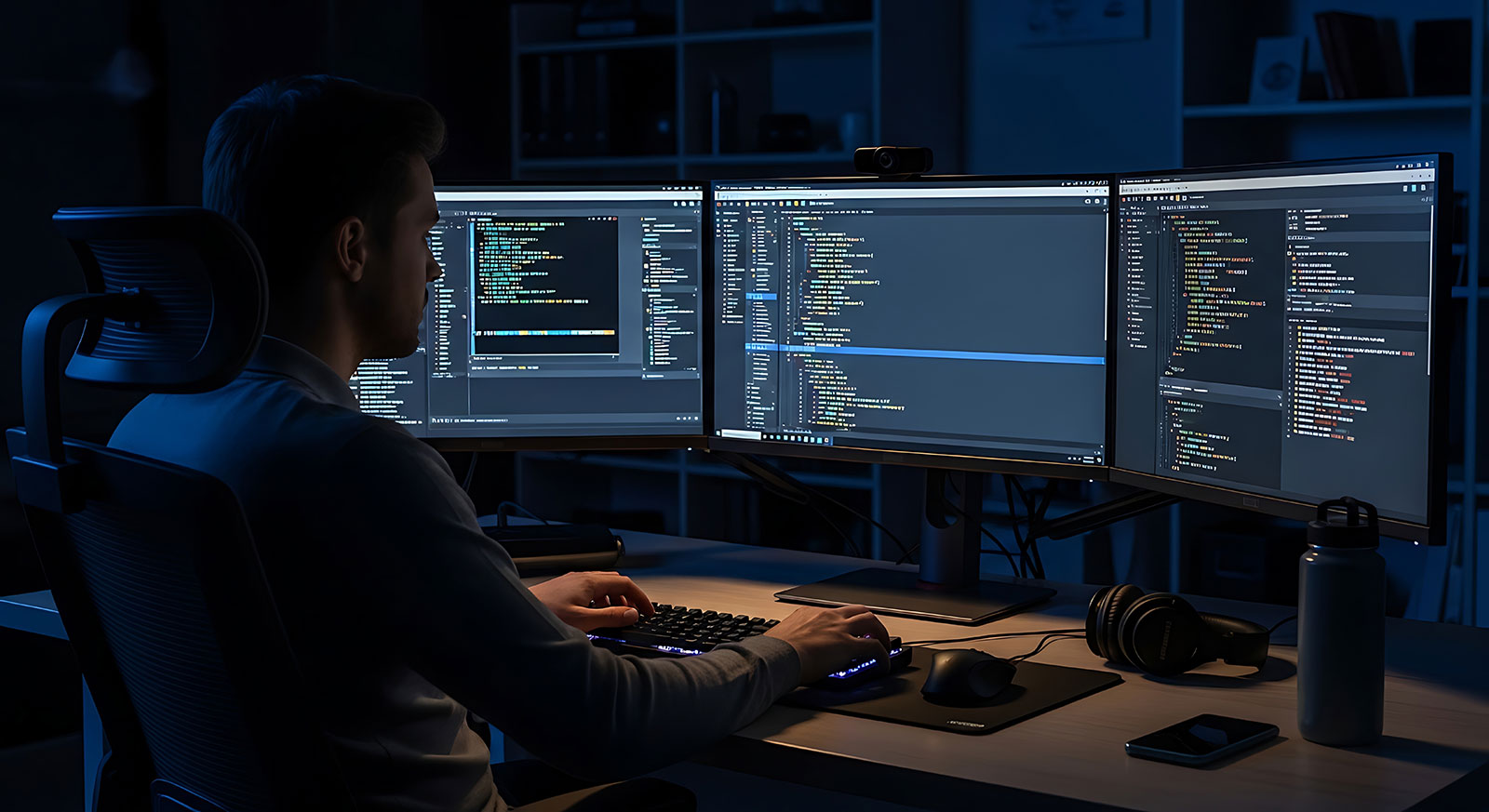 Developer coding on triple monitor setup in dark room