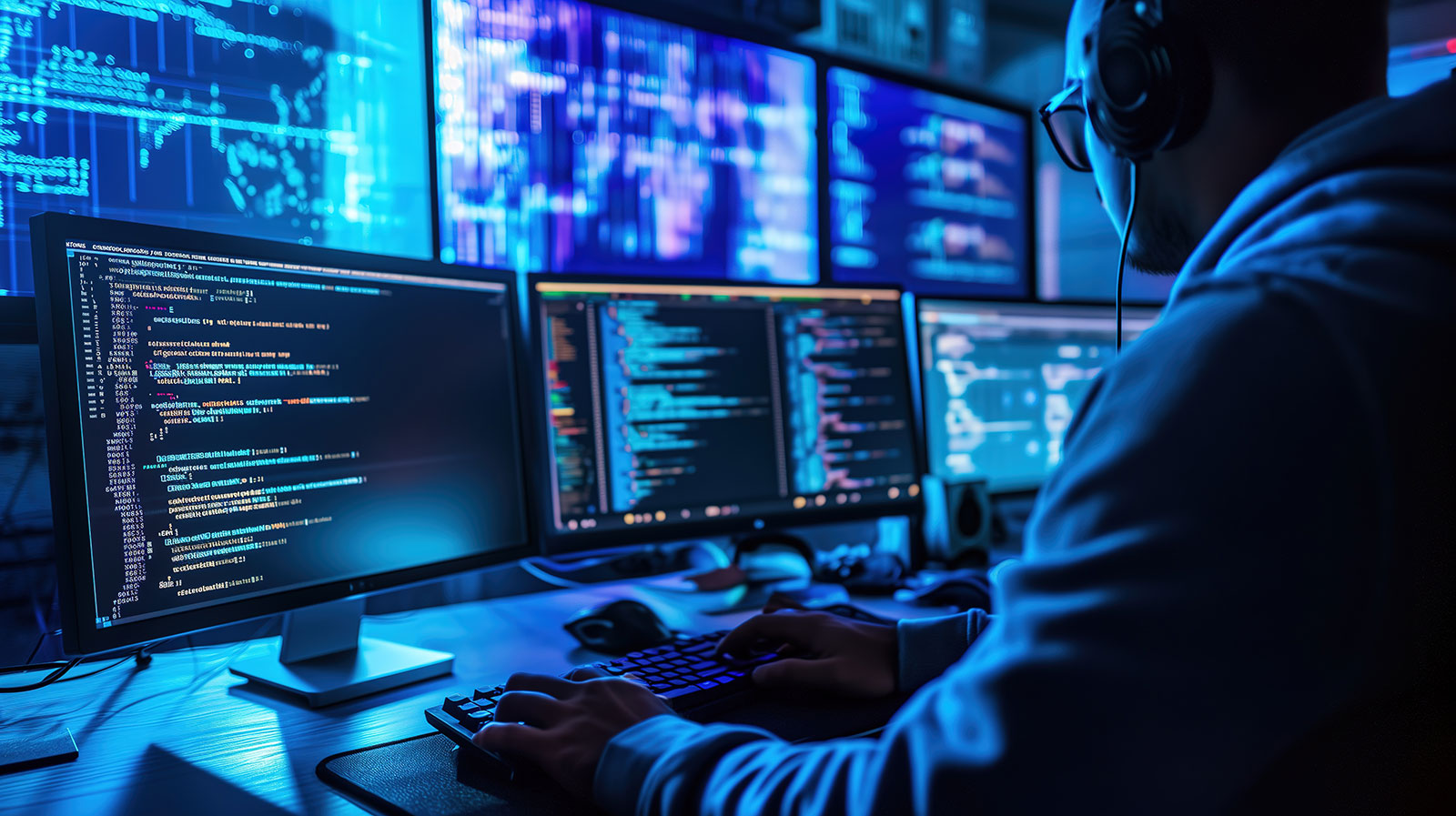 Developer performing application security testing at a multi-monitor workstation