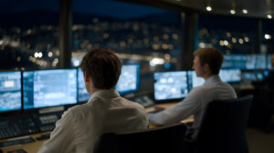 Two professionals monitoring multiple screens in ERP system control room at night